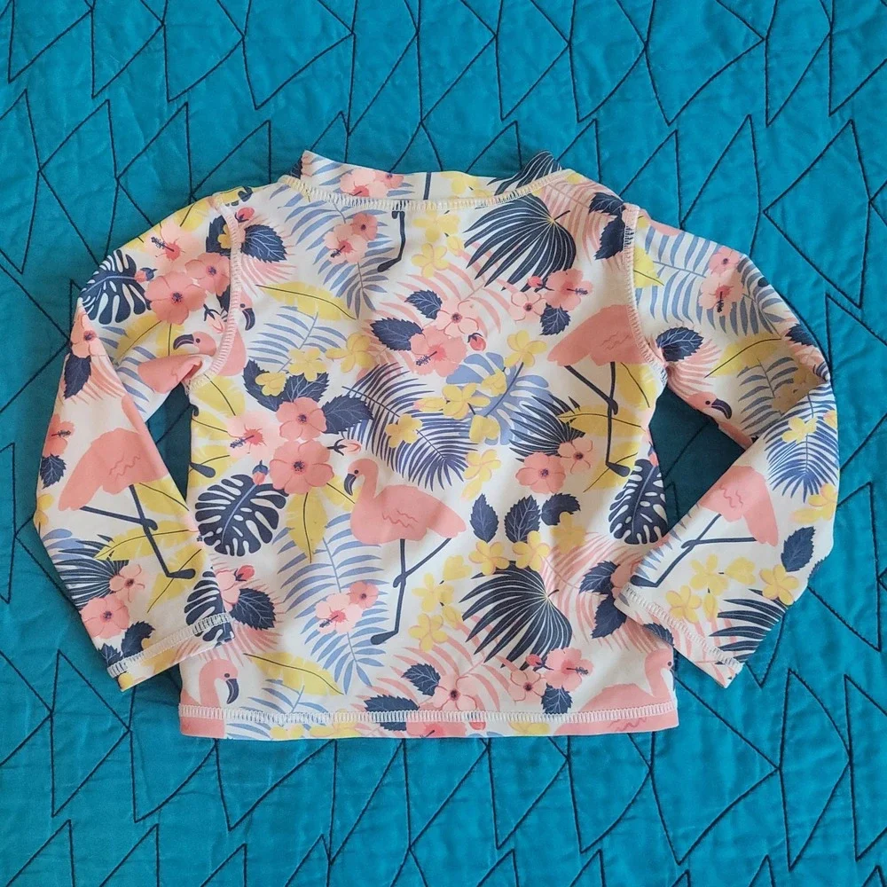 RuffleButts Rash Guard Swim Top 2T Flamingo Tropical Floral Long‎ Sleeve UPF